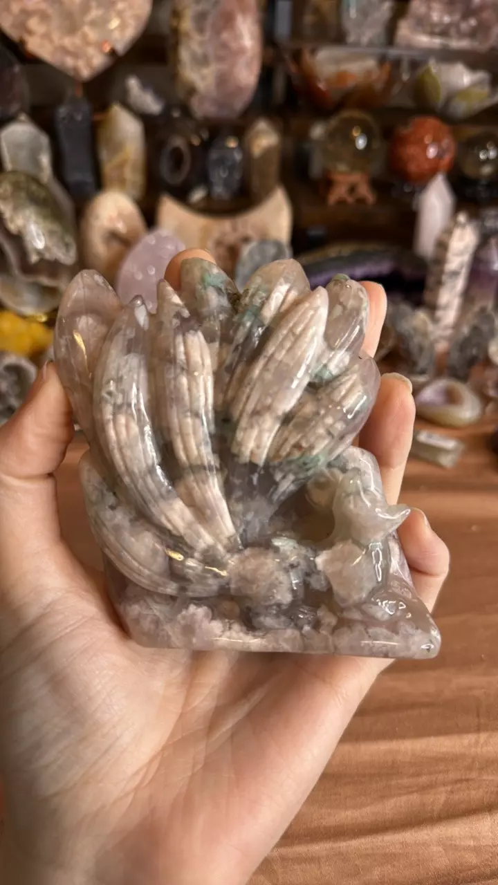 Green and Pink Agate Nine-Tailed Fox Carving - Madagascar thumbnail