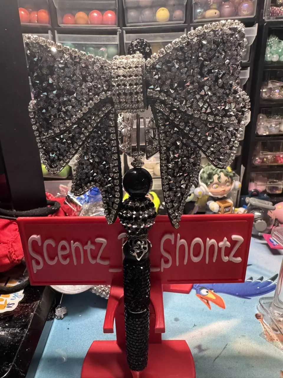 Beautiful, black and silver big bow on a black extended Rod rhinestone pen thumbnail