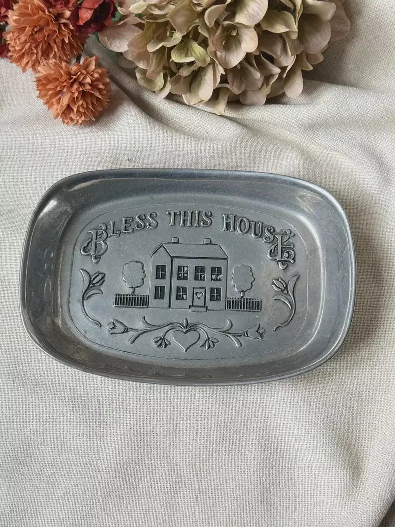 Vintage Wilton Pewter Tray: "Bless This House" thumbnail