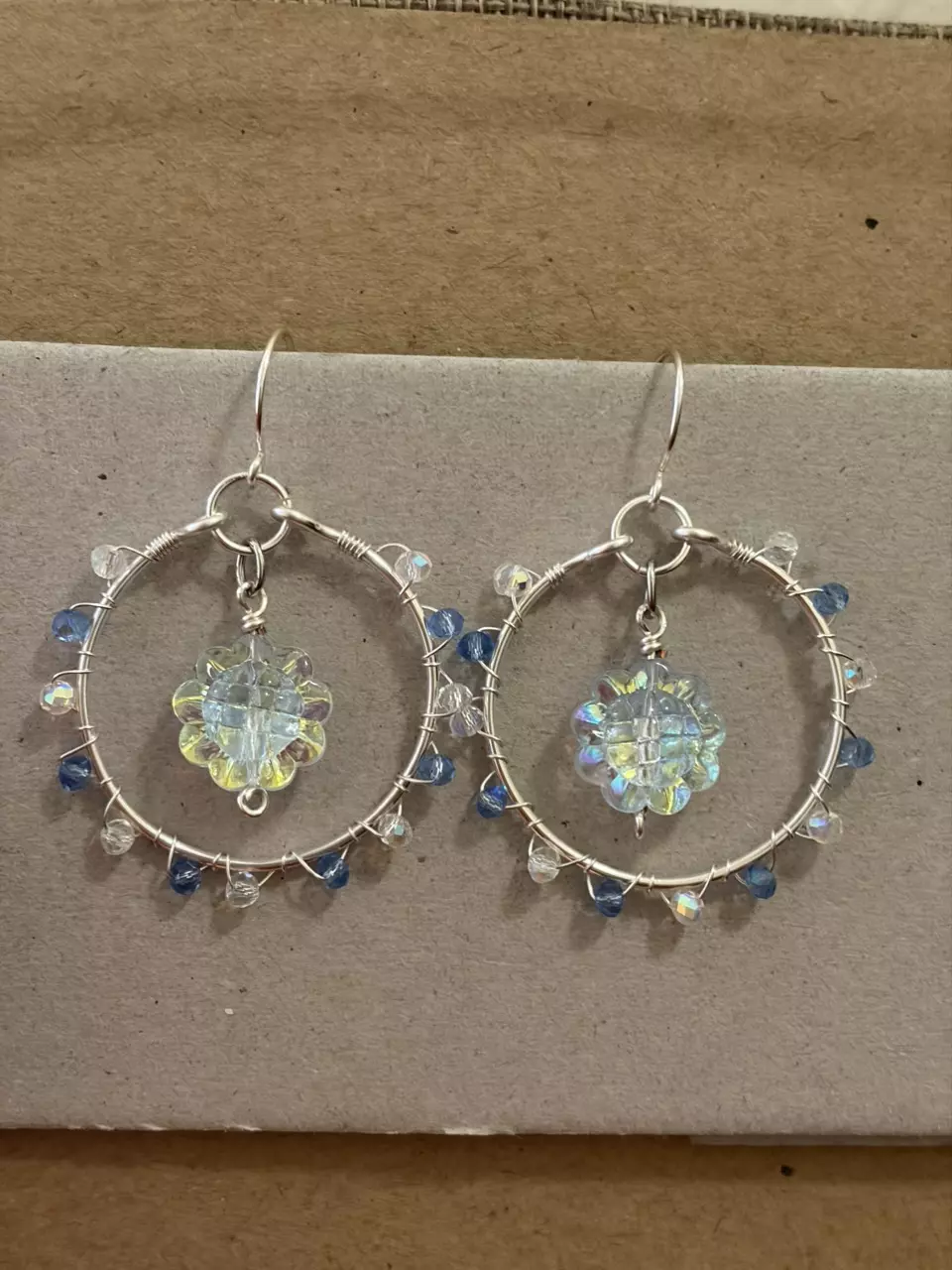 Iridescent glass flower large circular earrings wire wrapped with glass beads thumbnail