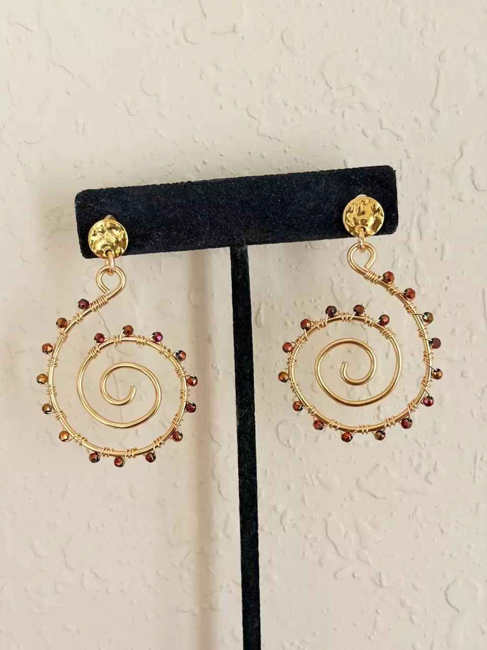 Large glass beaded wrapped spiral earrings thumbnail