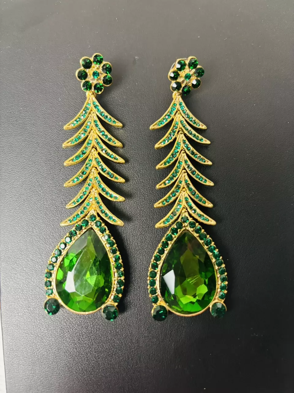 Vintage Style Tear Drop Dangle earrings with green crystals. Length 3.5” thumbnail