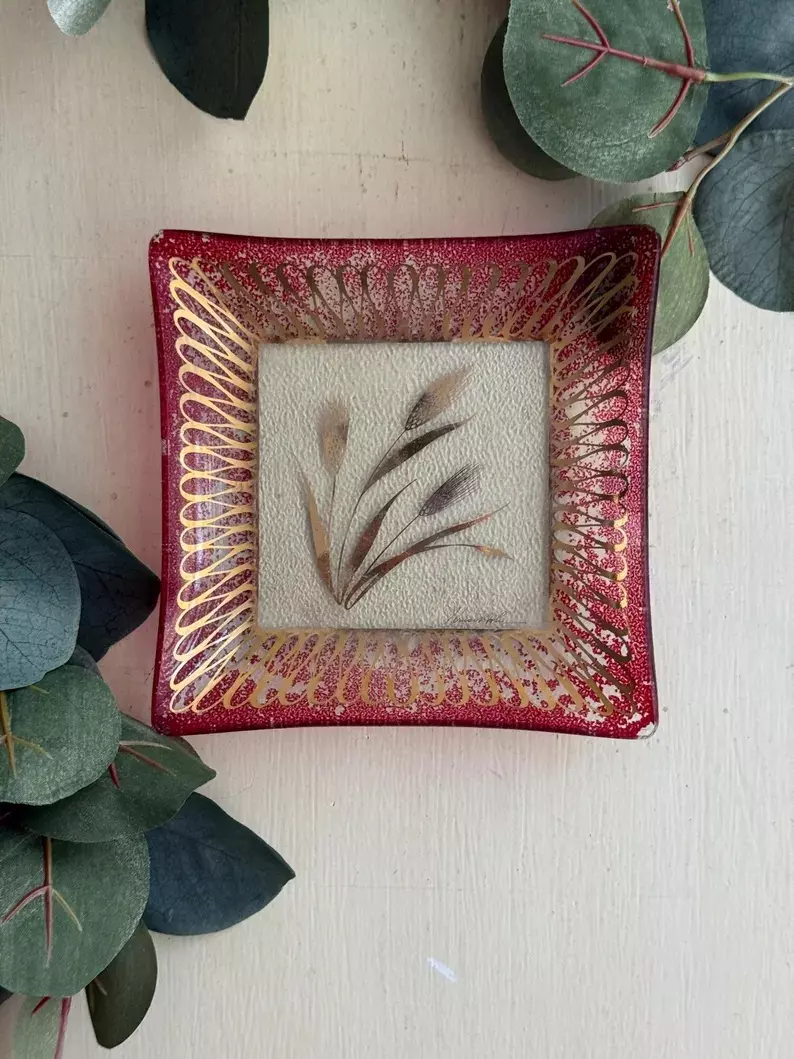 Signed Fused Glass Plate • Red & Gold Grass Motif, Mid-Century Vanity Tray thumbnail