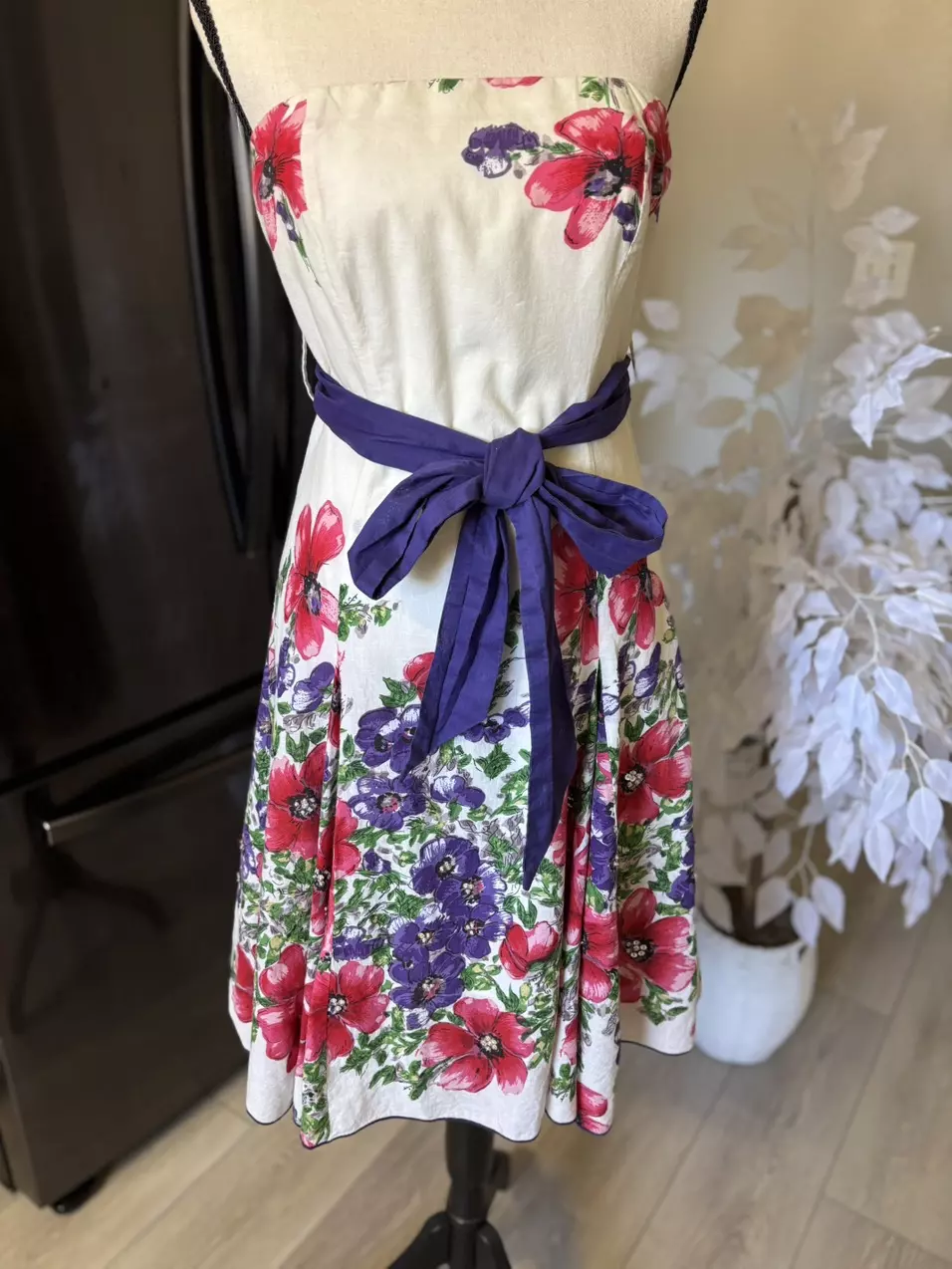 Jane Norman FlorayStrapless Fit-and-Flare Dress with Purple Belt. PTP:17” thumbnail