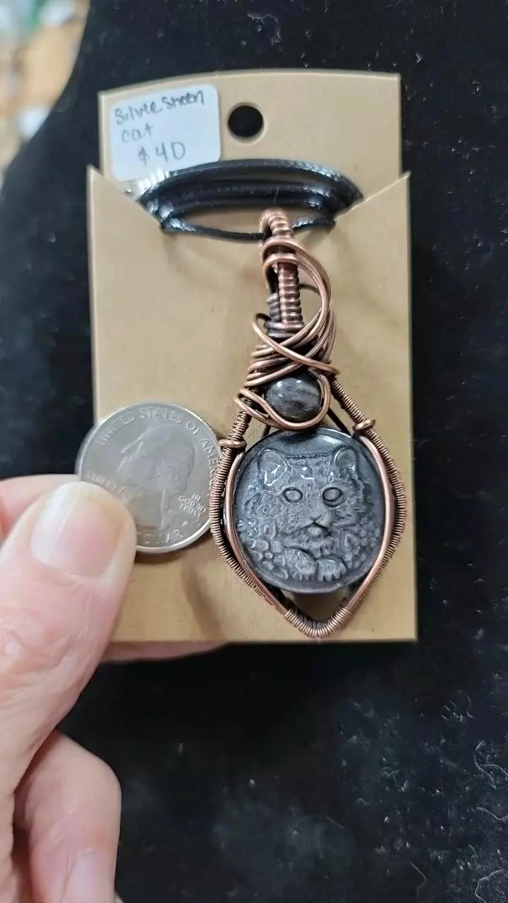 silver sheen obsidian carved cat pendant thumbnail