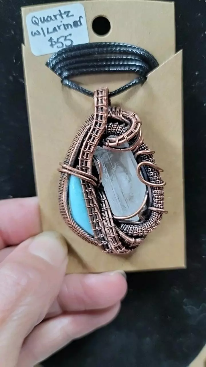 Larimar with square terminated quartz crystal pendant thumbnail