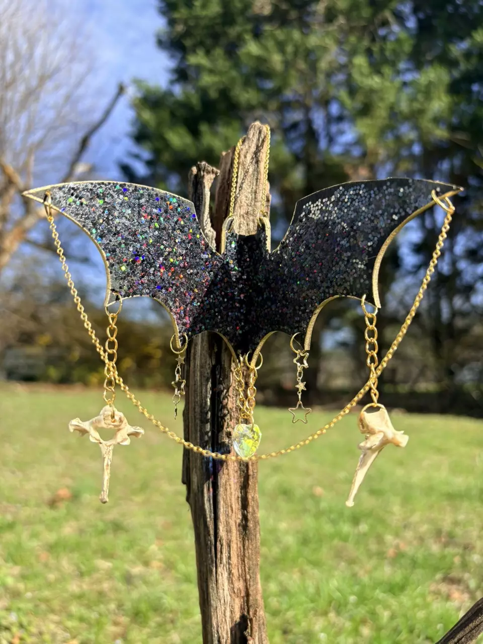 ✨🖤🦇 Wooden holographic black bat sun catcher with real possum vertebrae ✨🖤🦇 thumbnail