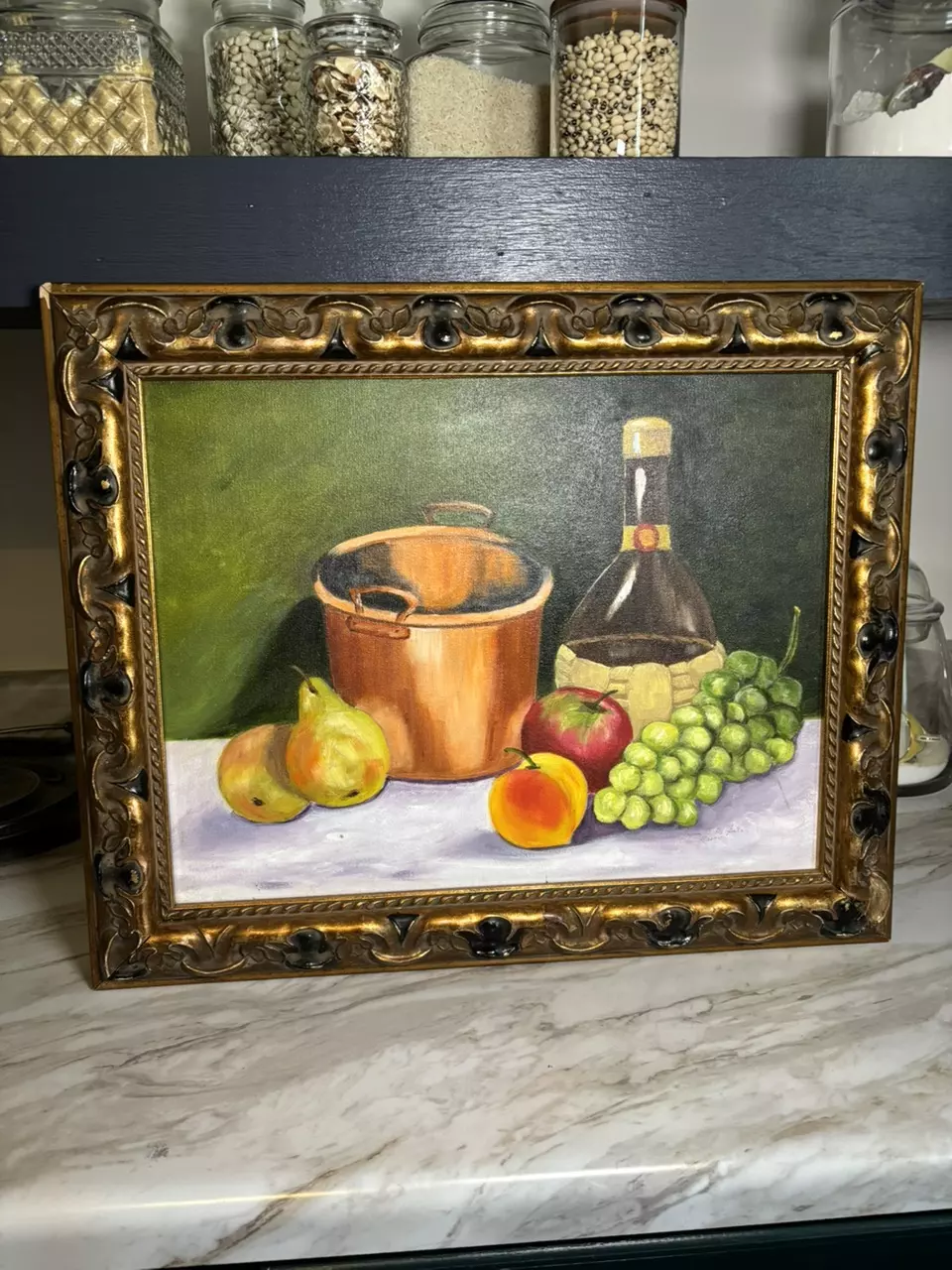 Vintage Still Life Oil Painting Fruit Copper Pot Wine Ornate Gold Frame 22x18 thumbnail