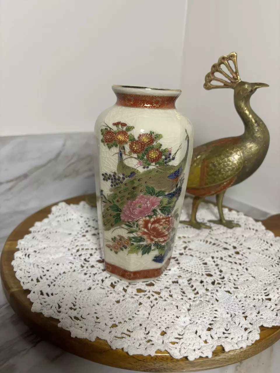Vintage Asian Peacock Vase 6” thumbnail