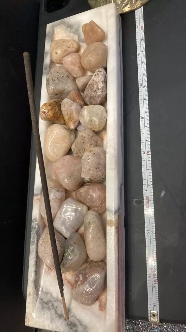 Onyx incense holder with tumbled pink amethyst stones thumbnail