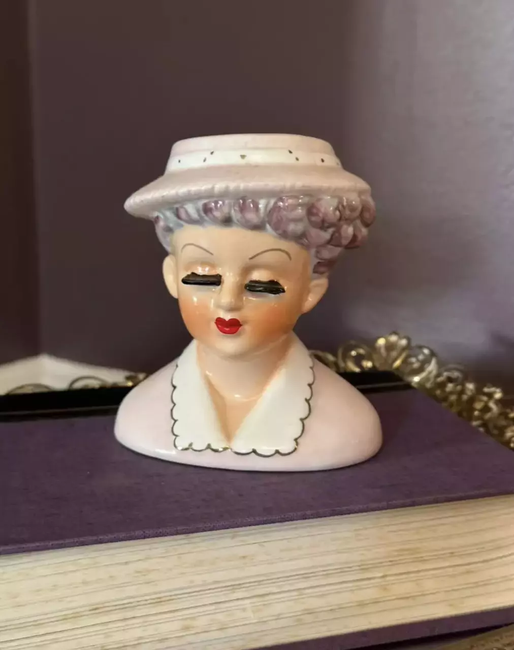 Lady Head Vase Purple Hair 4 3/4” thumbnail