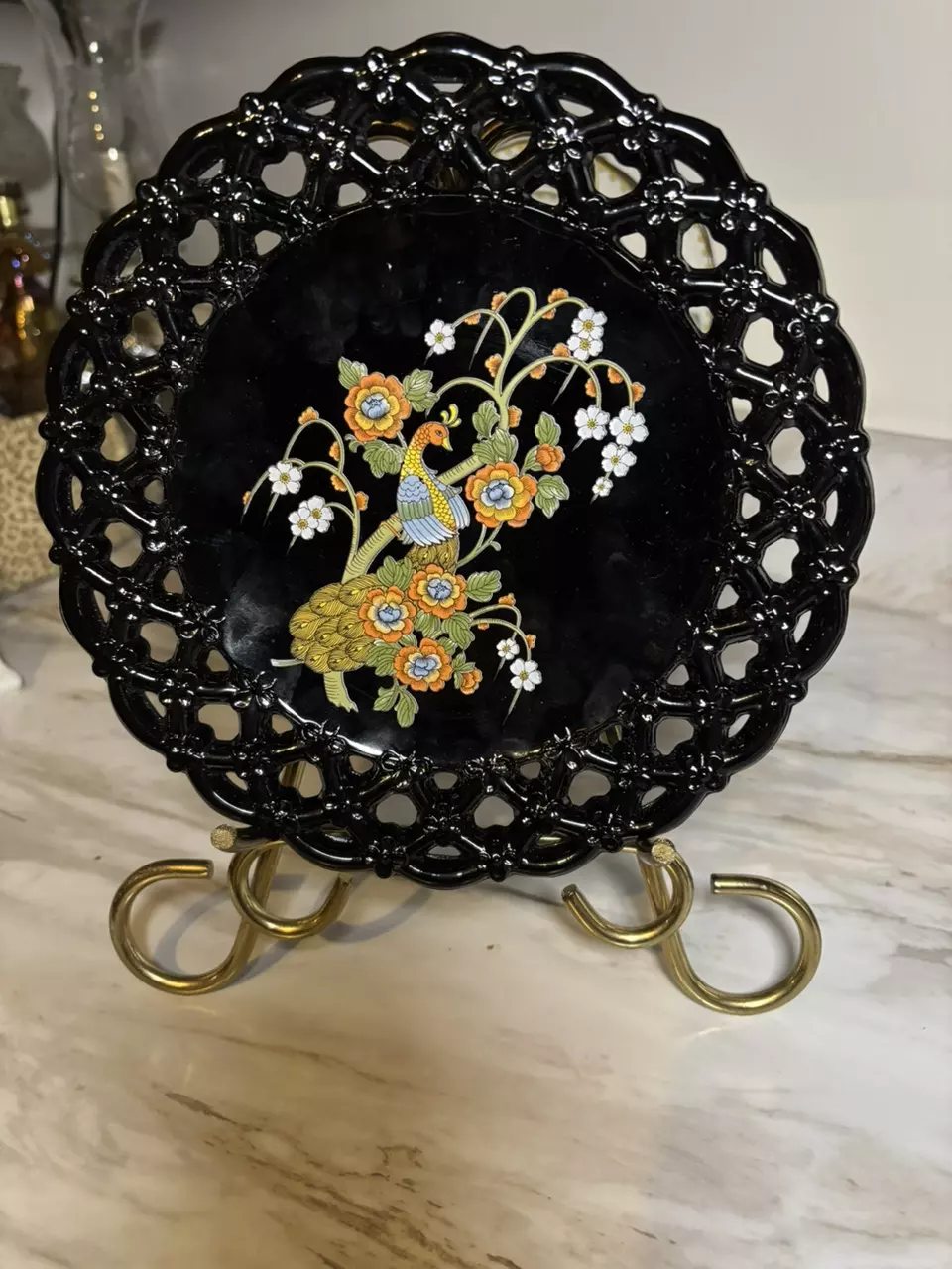 Westmoreland Black Glass Peacock Plate 8.5” thumbnail