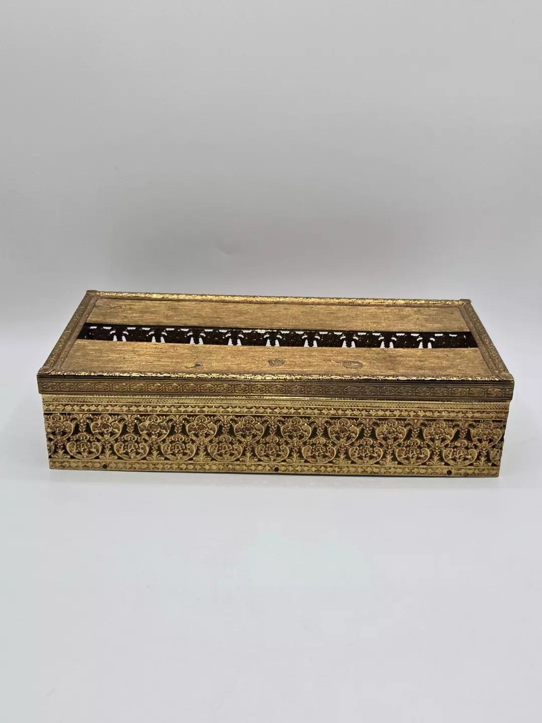 Hollywood Regency Gold Filigree Tissue Box Holder Ornate Metal Vanity Cover thumbnail