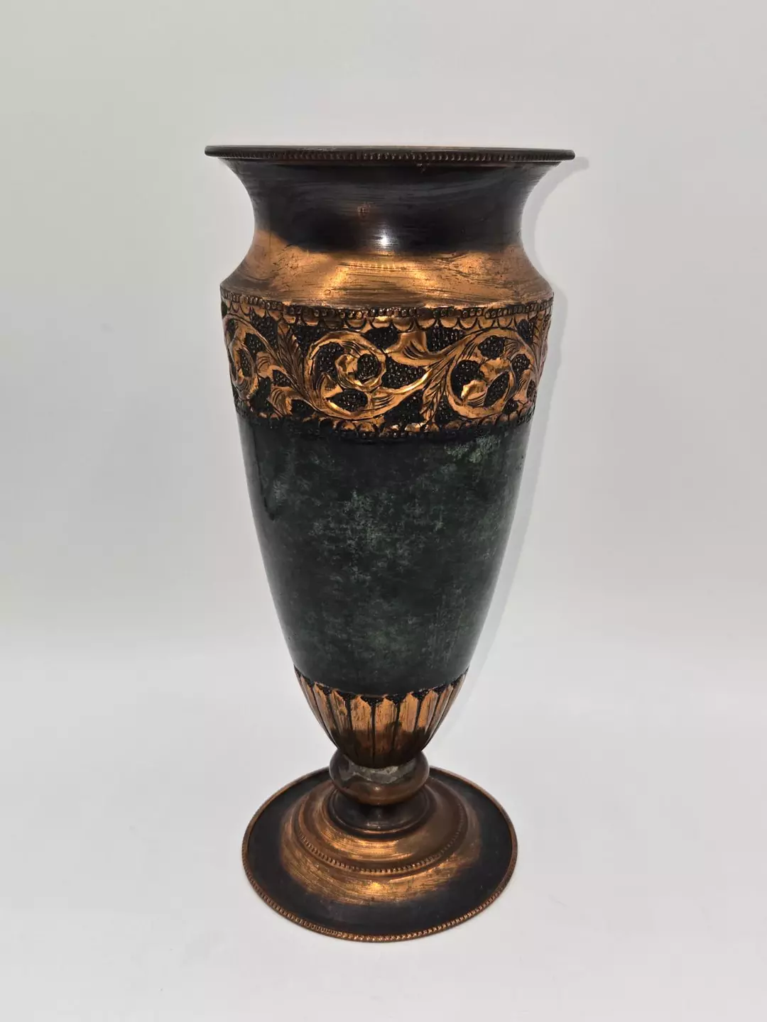 Hammered Copper Vase Israel Patina Finish Ornate Band Mid Century Decorative Urn thumbnail