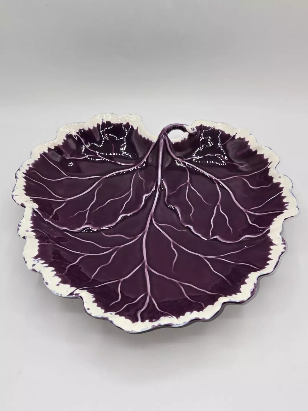 Majolica Cabbage Leaf Serving Bowl Purple Glazed Lobed Dish Bordallo Style thumbnail