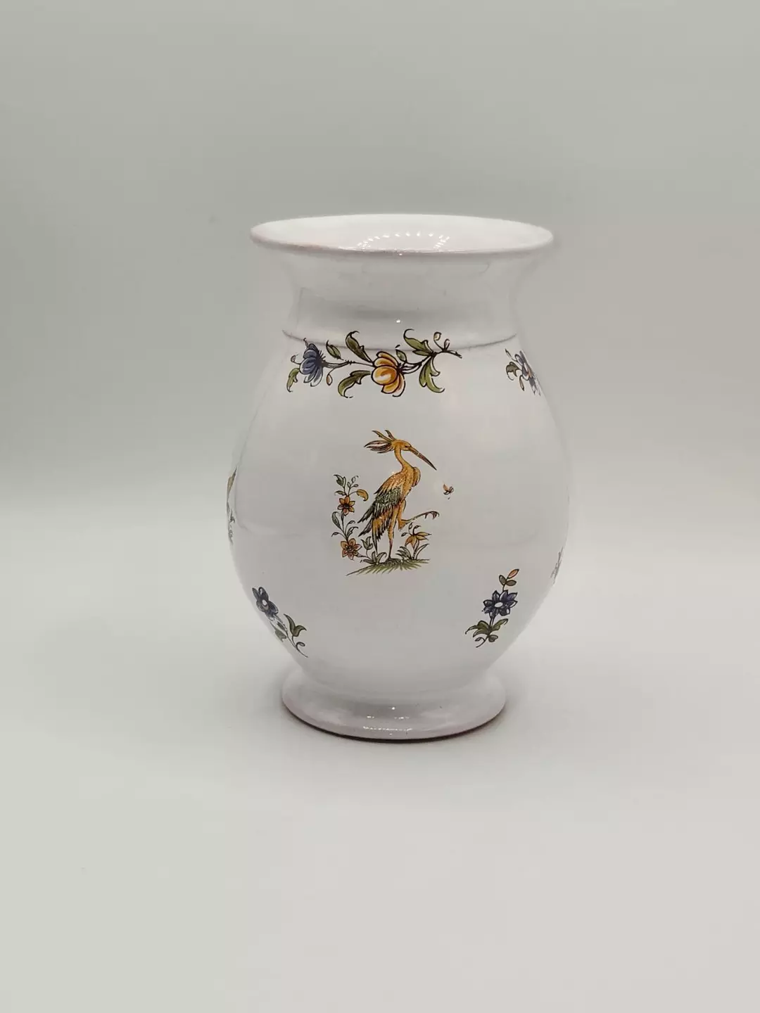 French Faience Style Hand Painted Vase Bird Floral Motif White Glazed Pottery thumbnail