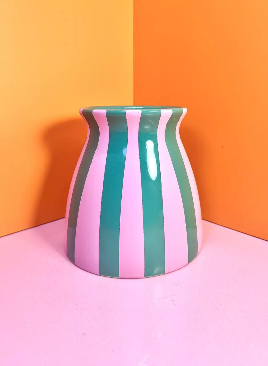 Fluted Flair Ceramic Circus Cache Pot - 3.5 in. | Pink/Green thumbnail