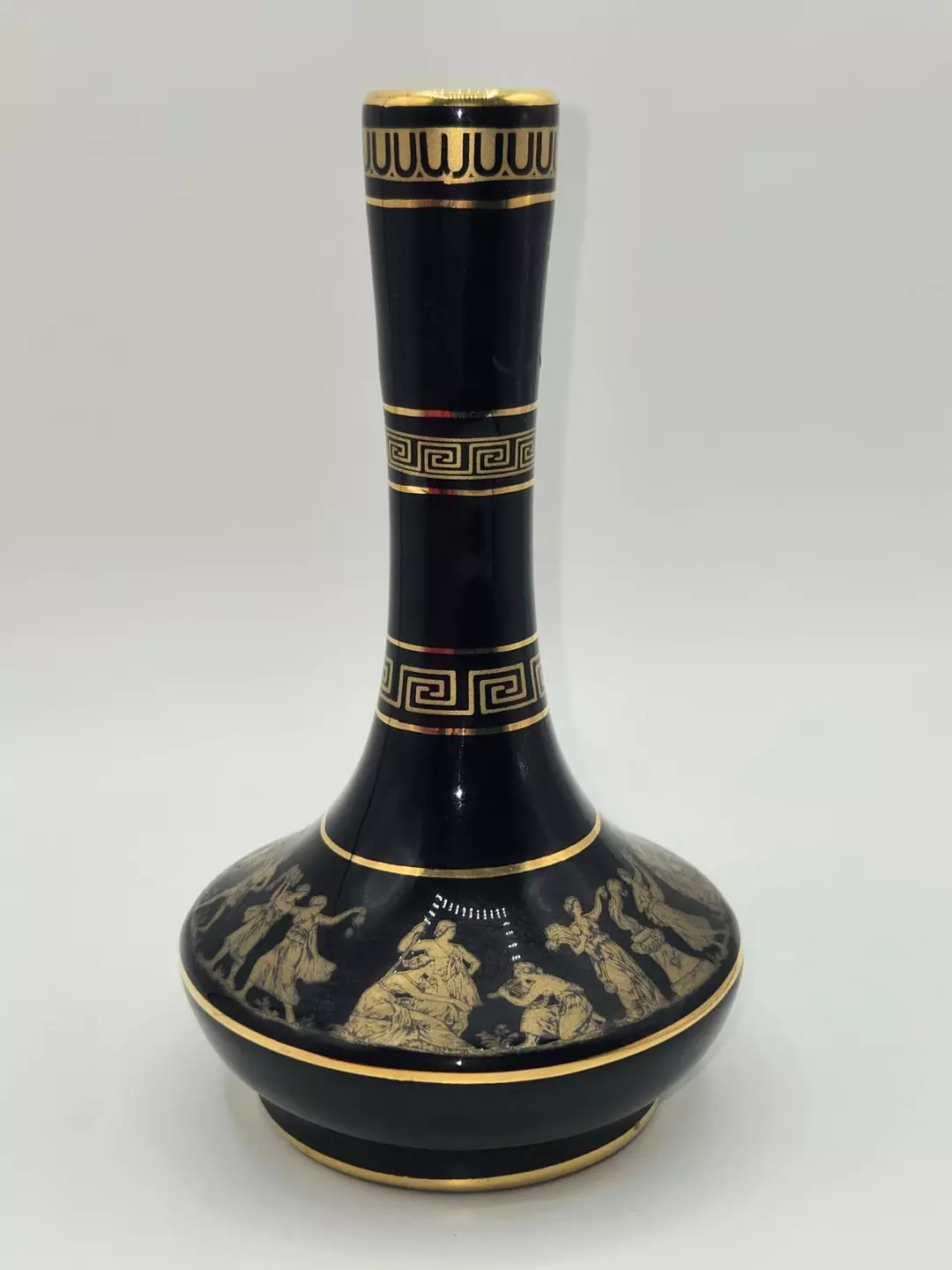 Greek Porcelain Vase Black Gold 24K Gilt Classical Greek Scene Hand Made Greece thumbnail