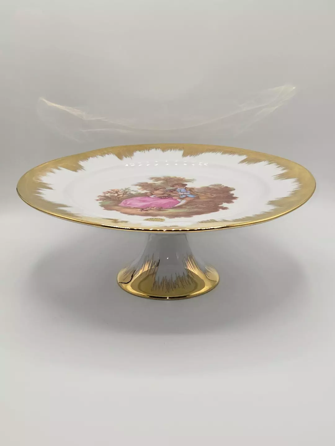 Limoges Porcelain Pedestal Cake Stand 12” Gold Gilt Fragonard Courting Scene thumbnail