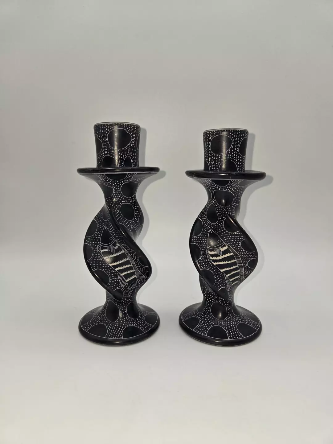 African Soapstone Candle Holders Set of 2 Hand Carved Black White Fish Design 6” thumbnail