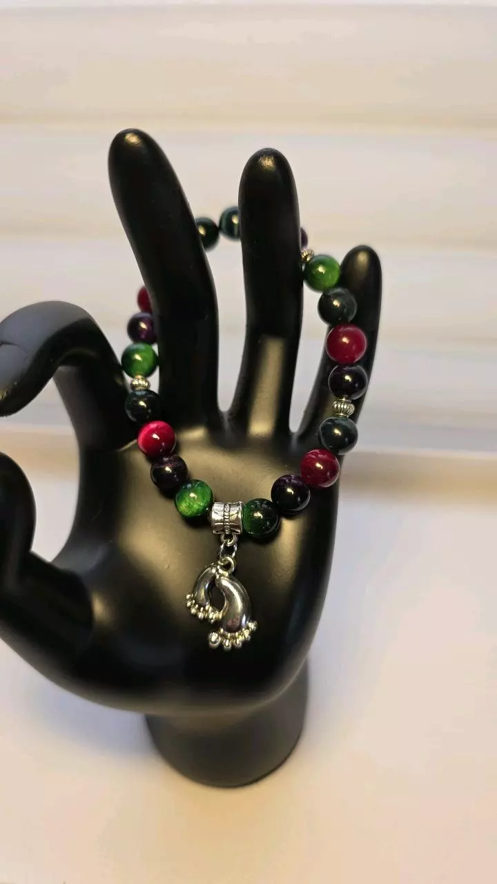 Pink, Purple, & Green dyed Tiger's Eye Bracelet 8mm breads 7"wrist w/charms (14) thumbnail