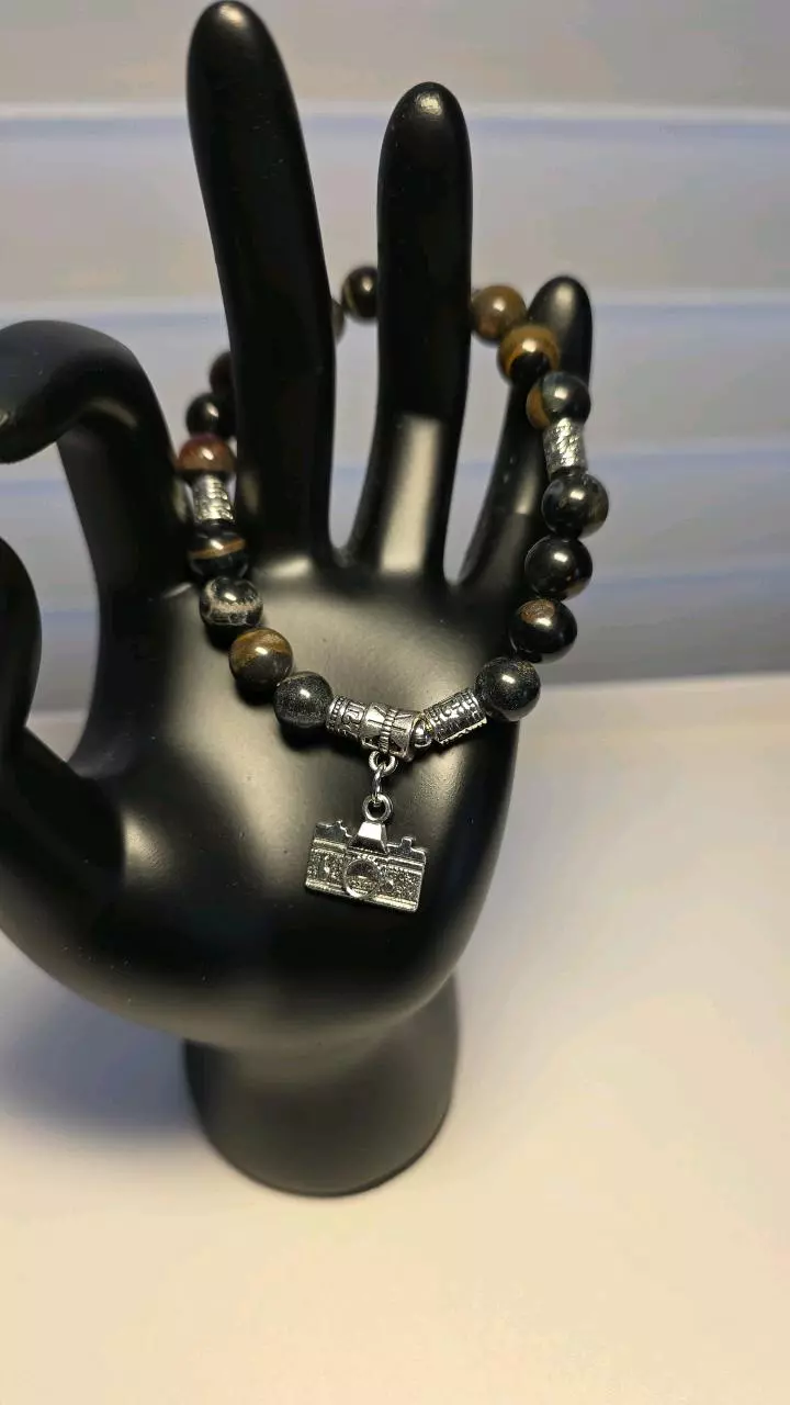 Natural Blue Tiger's Eye Bracelet 8mm breads 7.5"wrist w/charms (12) thumbnail