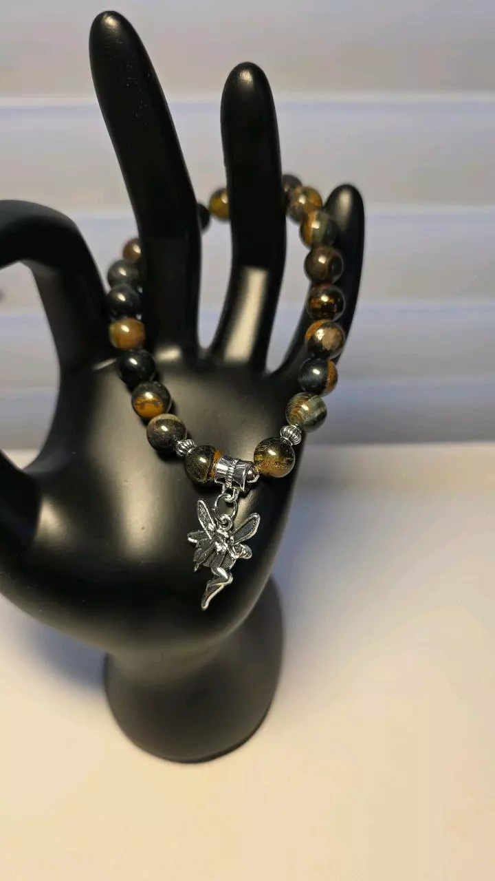 Natural Blue Tiger's Eye Bracelet 8mm breads 7"wrist w/charms (9) thumbnail