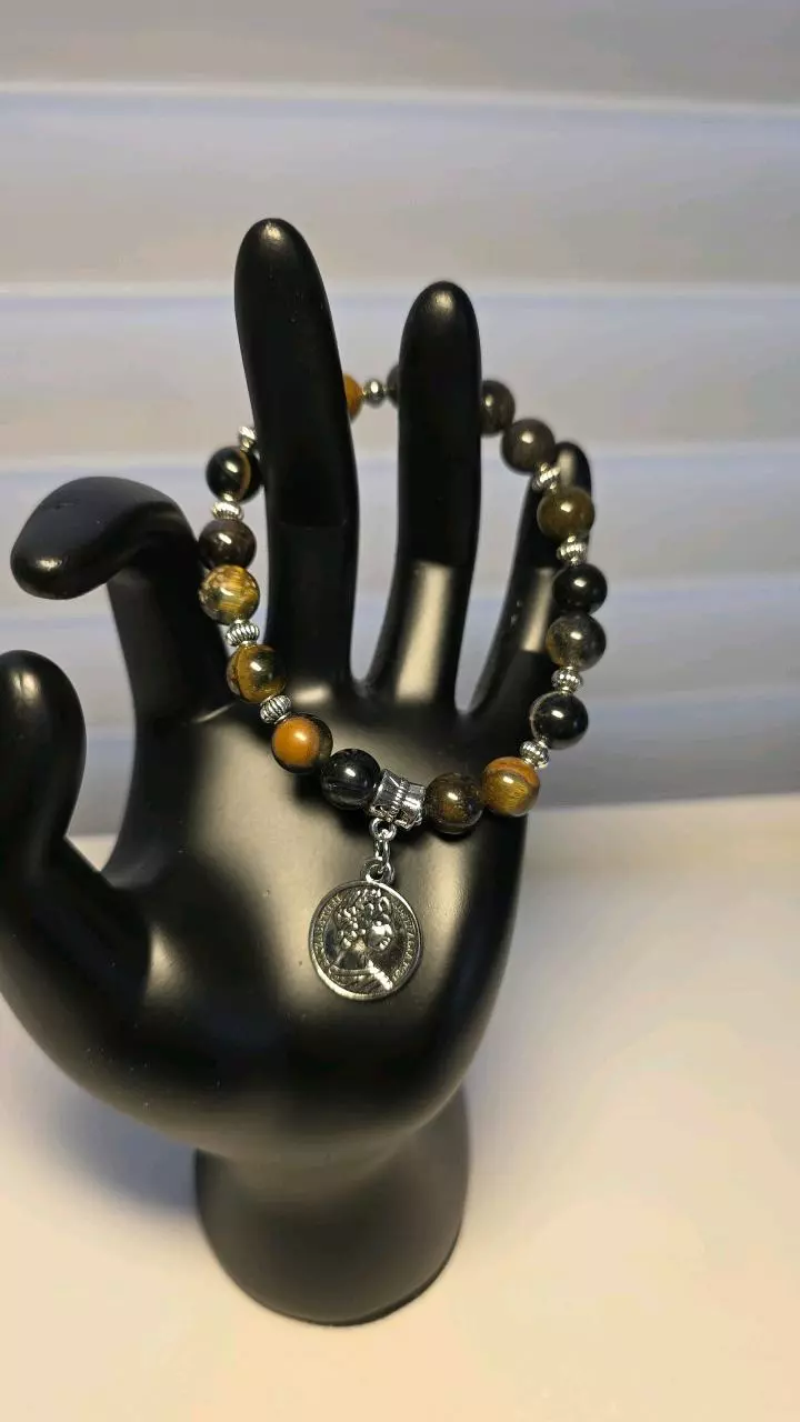 Natural Blue Tiger's Eye Bracelet 8mm breads 7"wrist w/charms (11) thumbnail