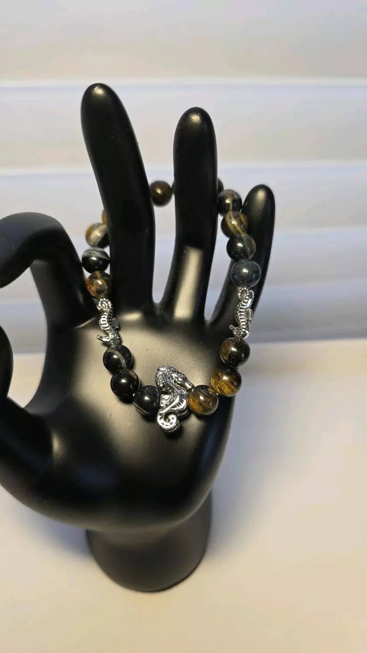 Natural Blue Tiger's Eye Bracelet 8mm breads 7"wrist w/charms (10) thumbnail