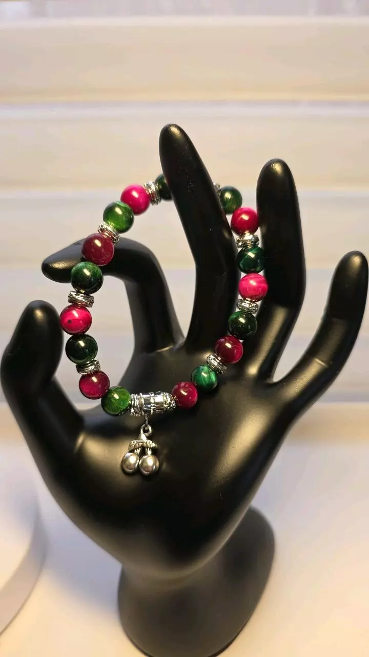 Pink & Green dyed Tiger's Eye Bracelet 8mm breads 7"wrist w/charms (13) thumbnail