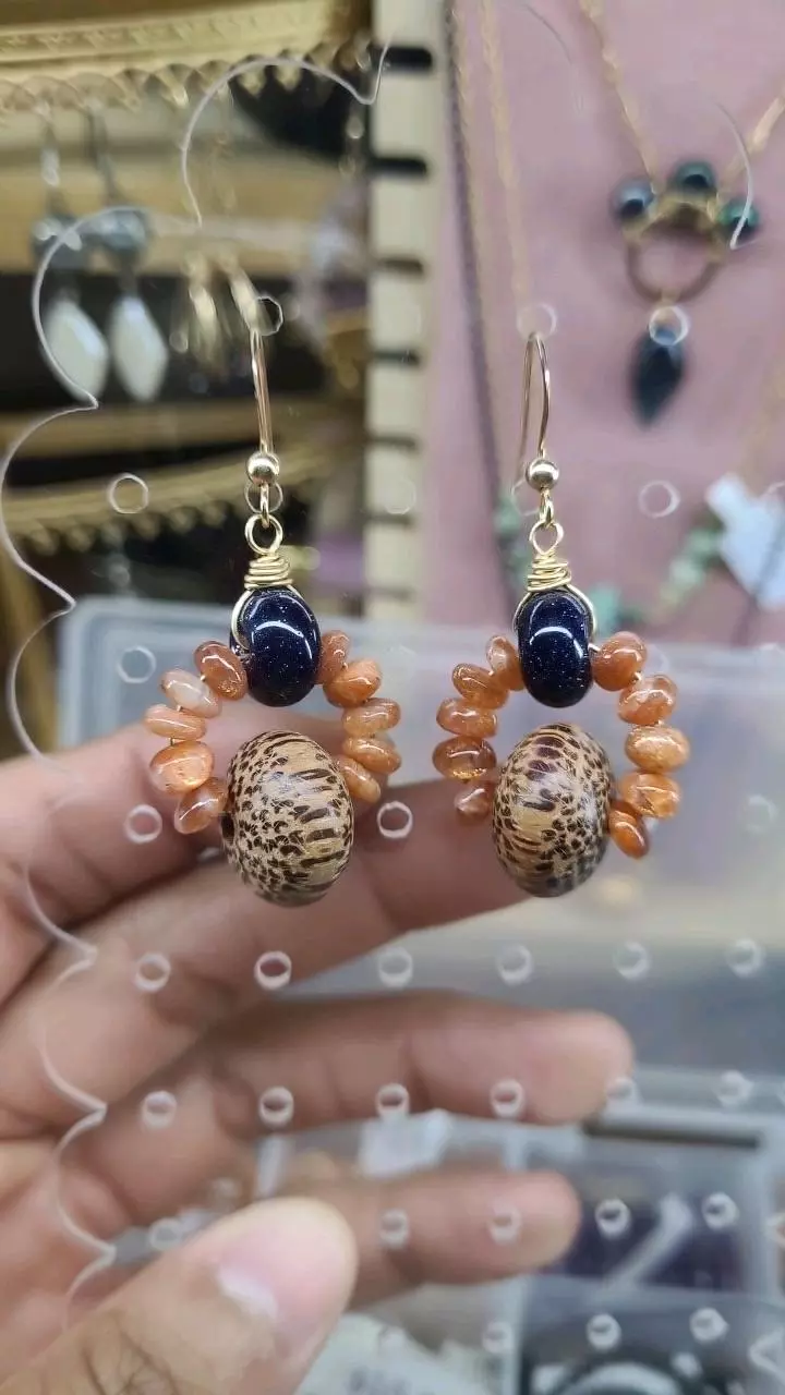 12kt gold filled wire wrapped earrings sunshine and blue goldstone thumbnail
