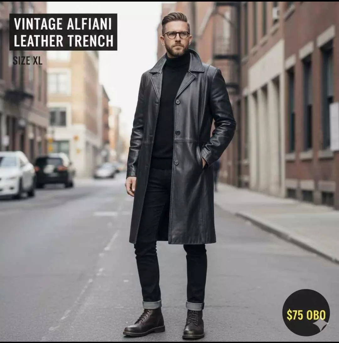 Vintage Alfani Genuine Leather Trench Coat - Black - Size XL thumbnail