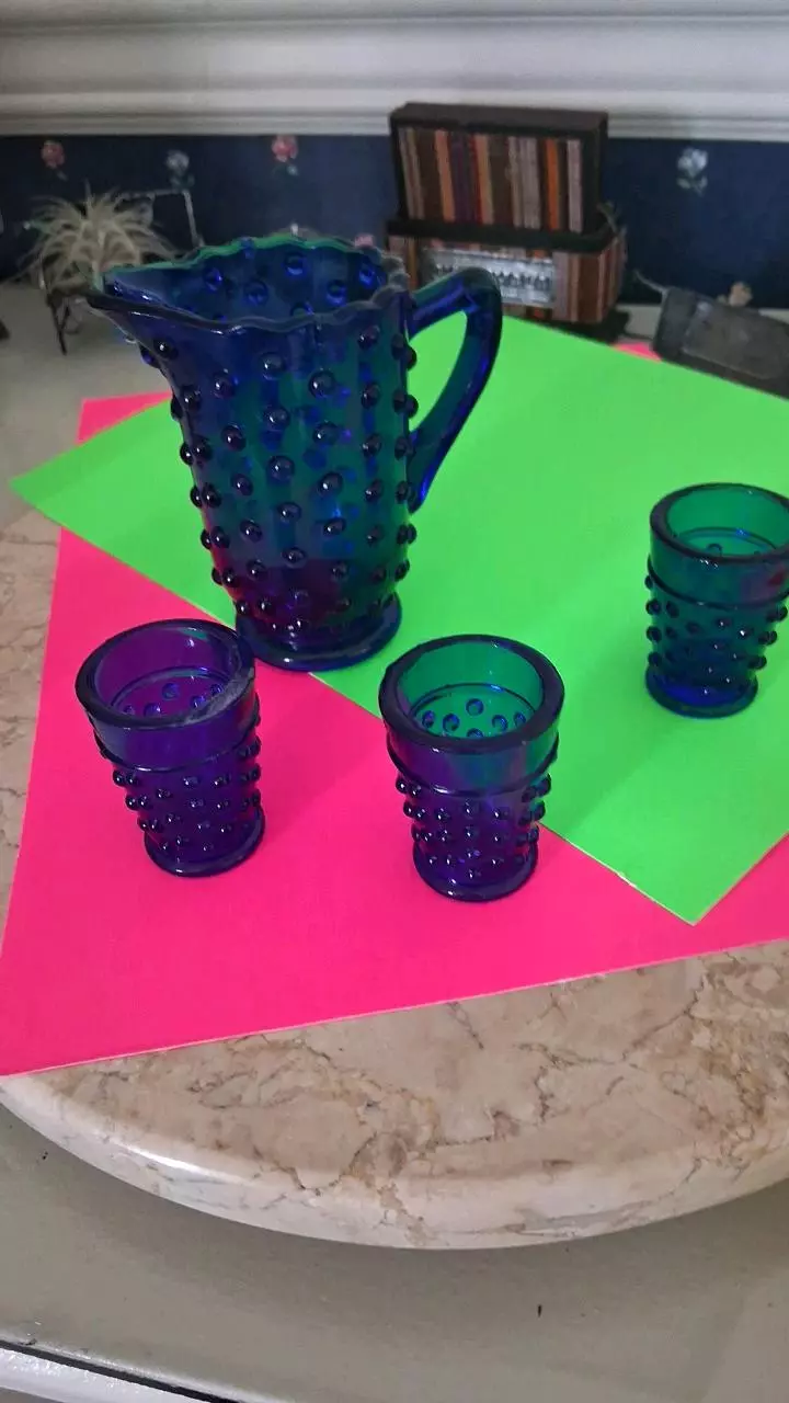 Vintage Colalt Blue Pitcher with 3 glasses thumbnail
