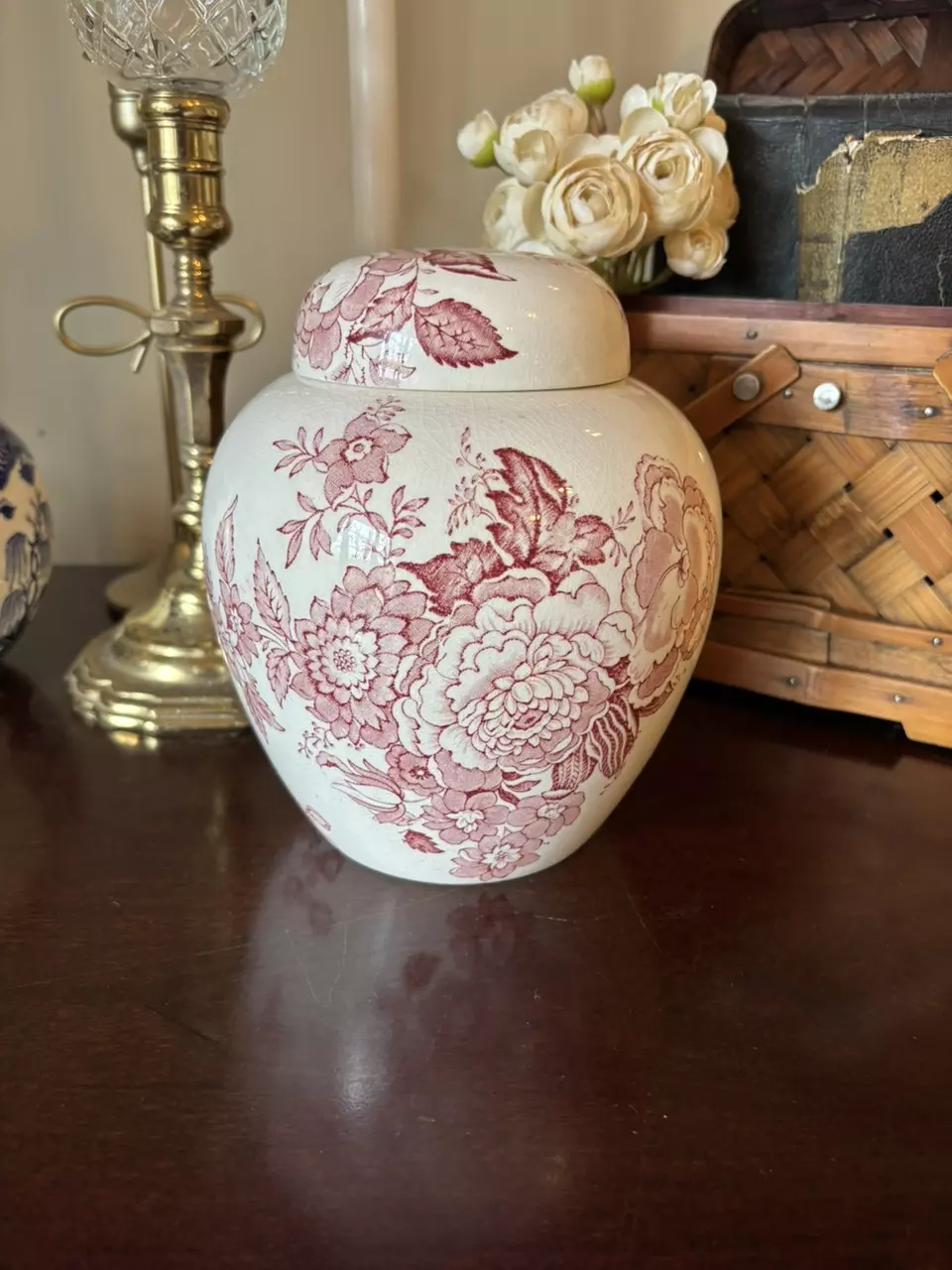 Vintage Maling Newcastle-on-Tyne Pink Floral Lidded Ginger Jar 7” thumbnail