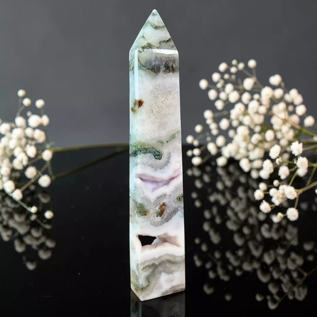 Moss Agate with Amethyst Crystal Tower Large thumbnail