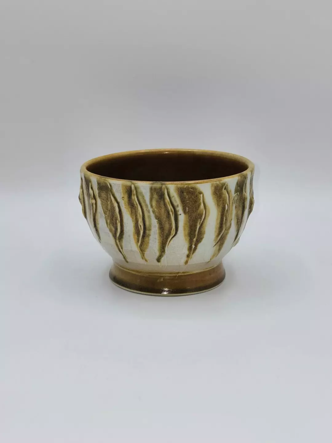 Studio Pottery Bowl Brown Drip Glaze Stoneware Pedestal Foot Mid Century Style thumbnail