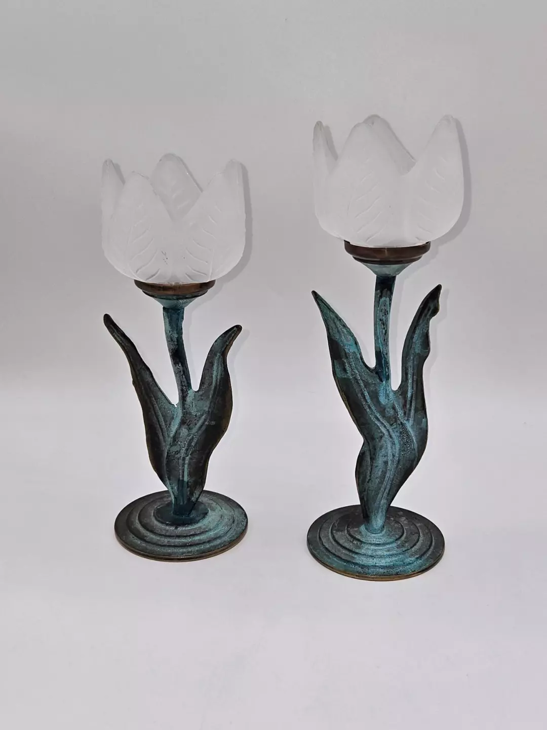 Pair Vintage Tulip Candle Holders Verdigris Metal Frosted Glass Shades 7" 8" thumbnail