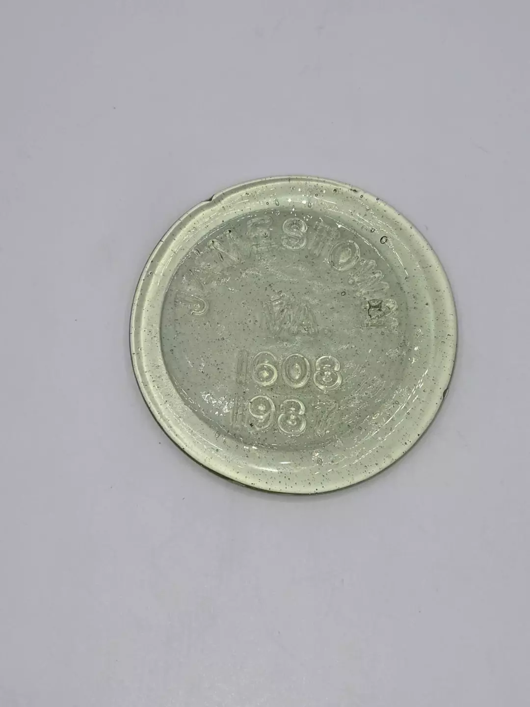 Jamestown Glass AV 1987 Pressed Glass Coaster Paperweight Light Green Bubble thumbnail