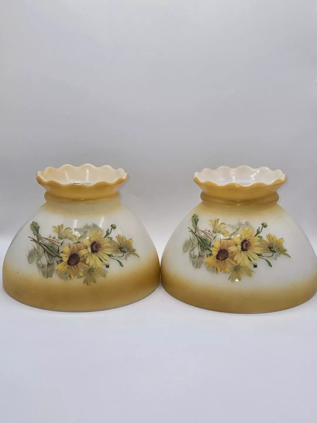 Hand Painted Milk Glass Lamp Shades Yellow Floral Ruffled Edge 8" Vintage Set thumbnail