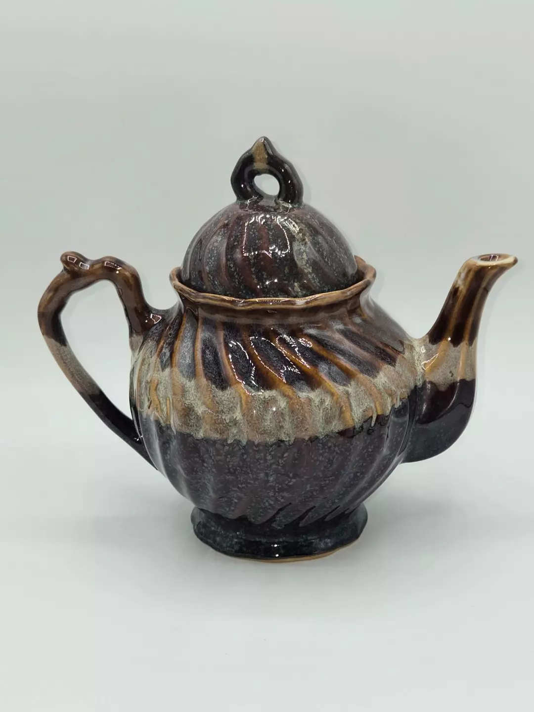Studio Pottery Drip Glaze Teapot Brown Earth Tone Ribbed Form Lidded 8.5" thumbnail