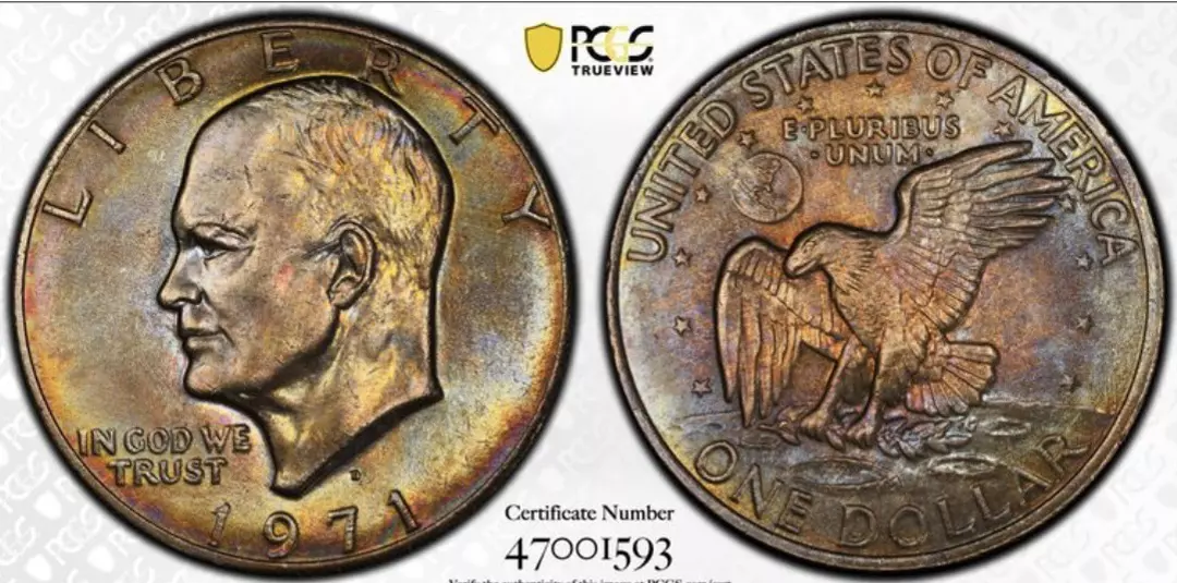 1971 D True View Documented Rainbow Toned Eisenhower Dollar Graded PCGS Ms64 thumbnail