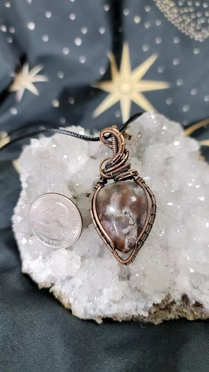 copper wrapped black flower agate pendant thumbnail