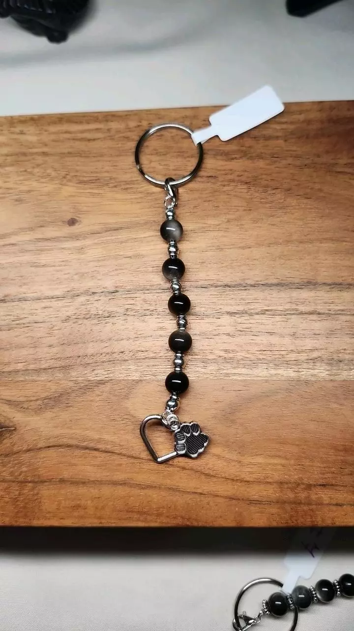 Silver Sheen Obsidian Keychain w/charms (8) thumbnail