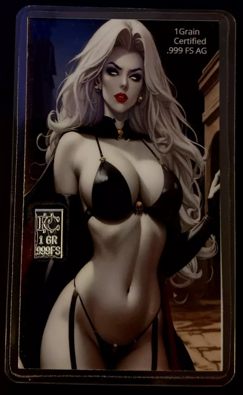 Silver .999 Fine Silver Certified 1 Grain Card "Lady Death" thumbnail