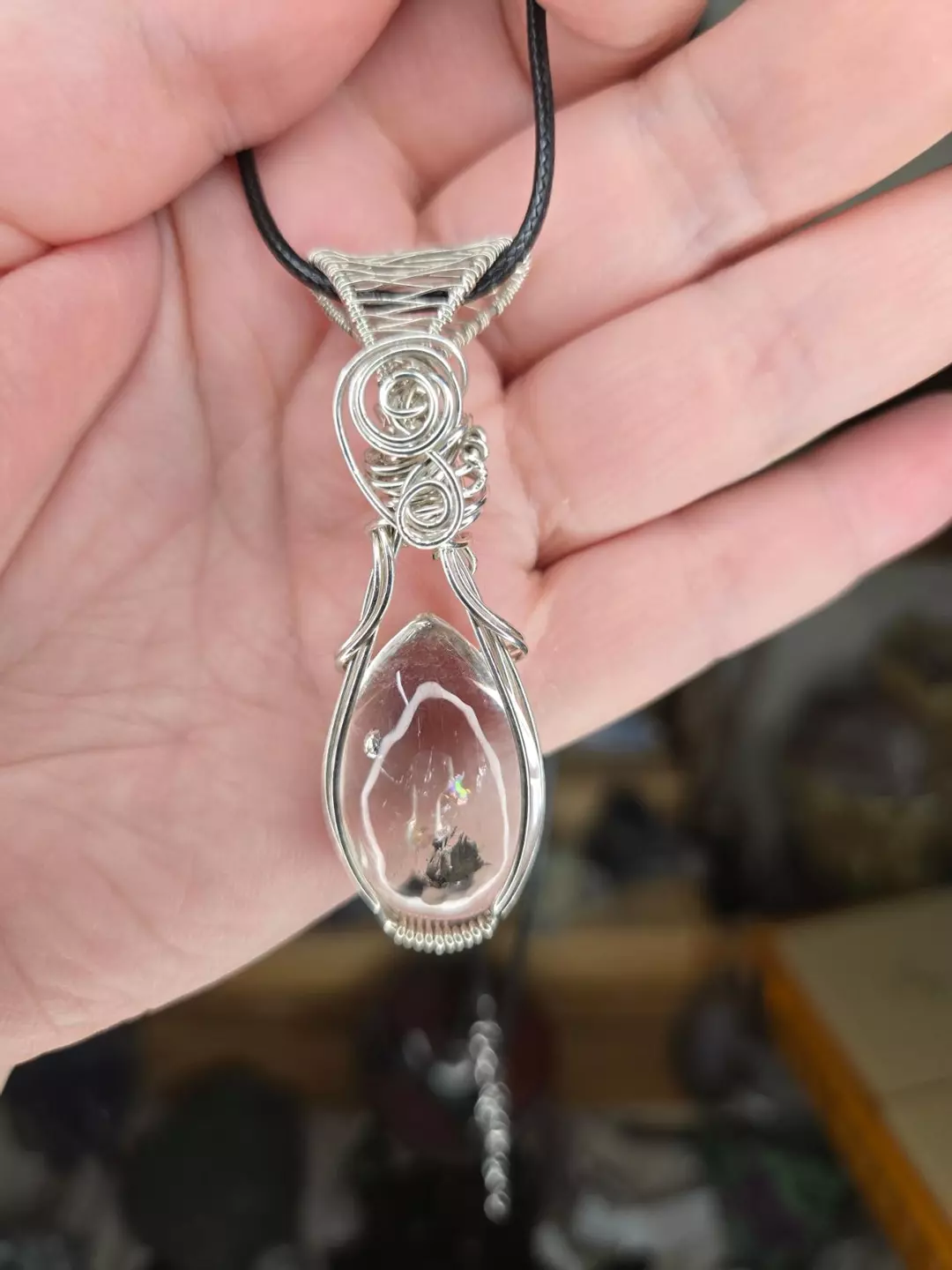 925 Sterling Silver Enhydro W/ Bubble & Falling Sand Wire Wrap Crystal Pendant thumbnail