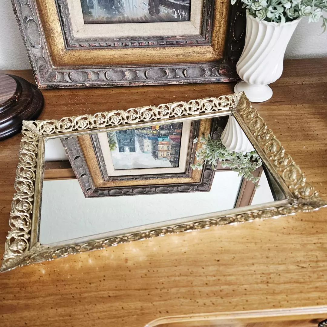 Gold Tone Filigree Mirrored Vanity Tray thumbnail