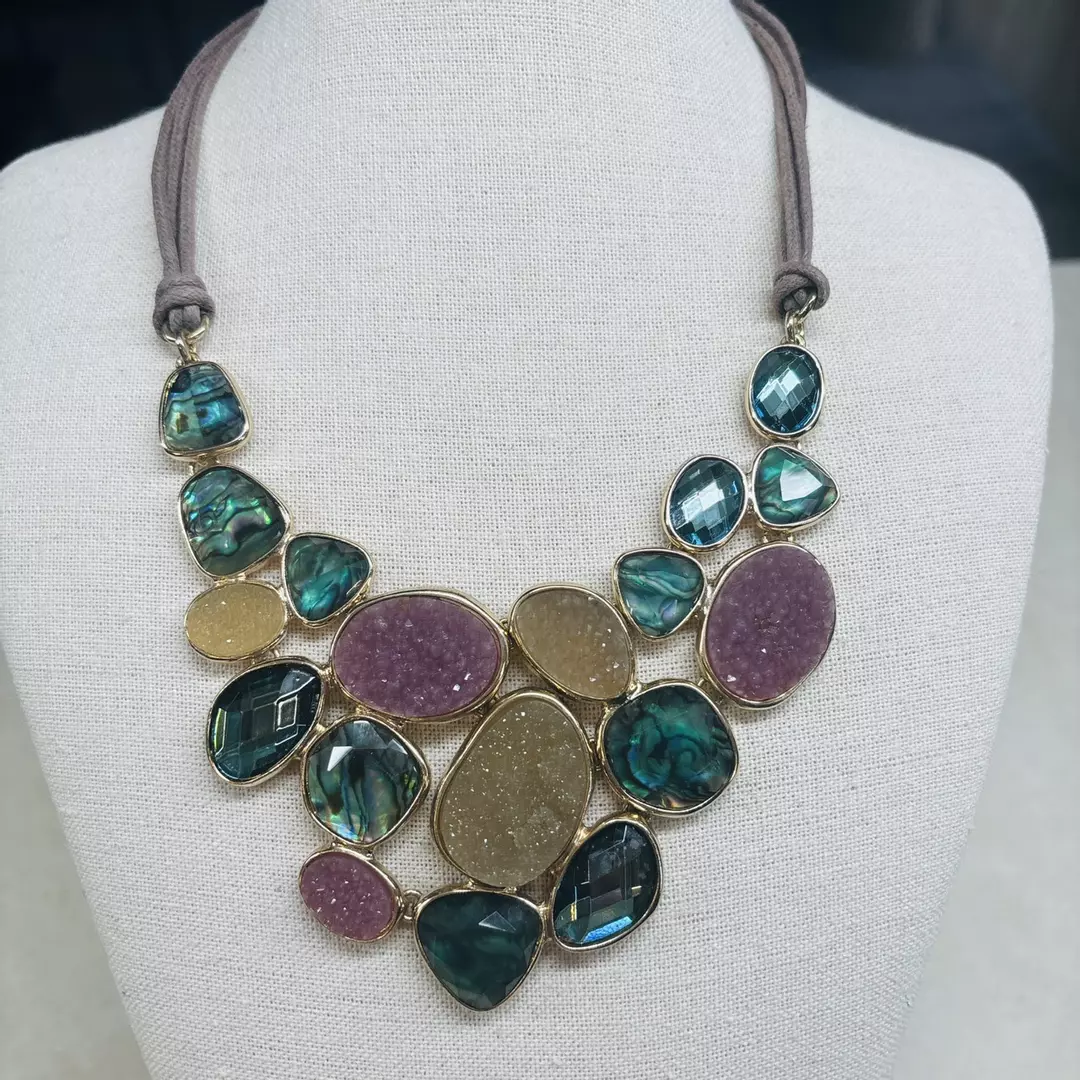 Women’s Milticolor Statement Necklace in Teal, Purple & Gold. Preloved. thumbnail