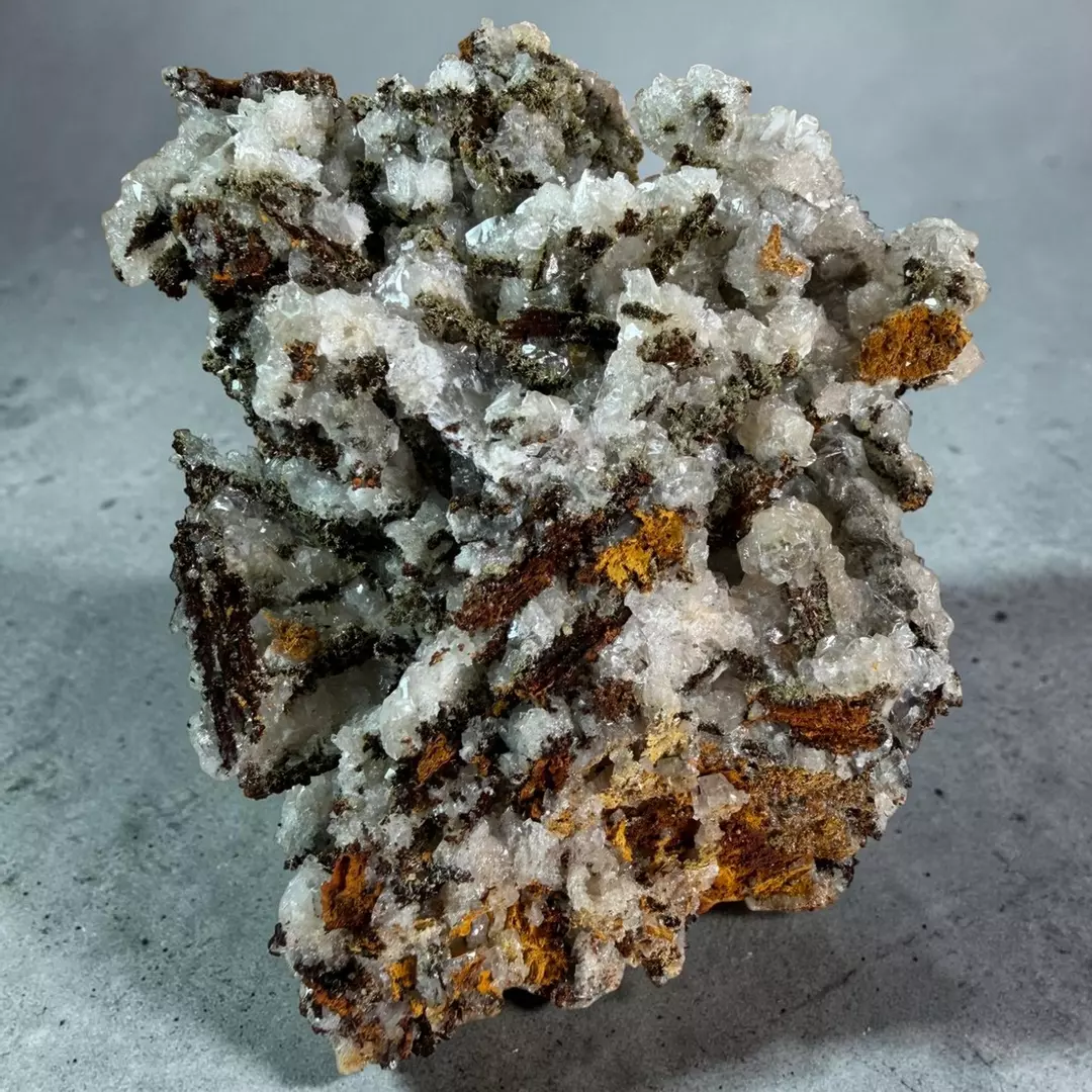 Calcite and Mimetite on Goethite Mineral Specimen thumbnail