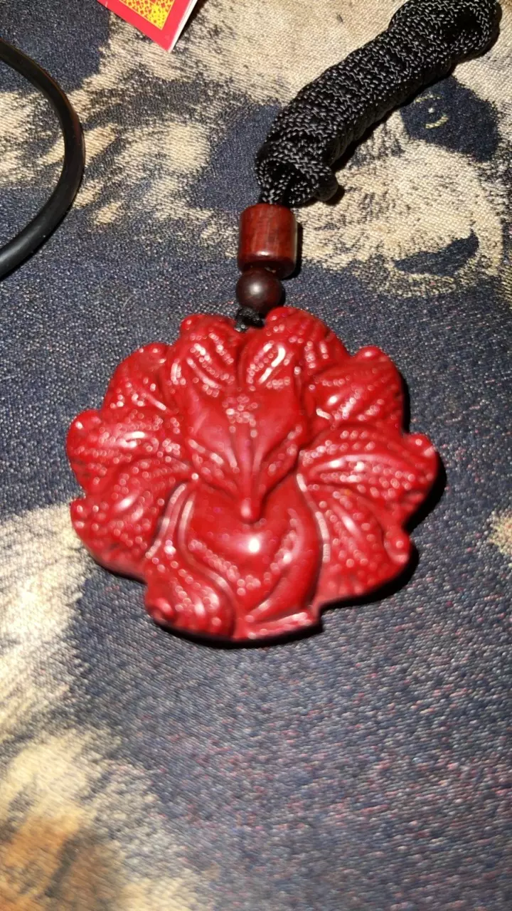 Cinnabar 9 Tail Fox pendant w/ Buddhist prayer card thumbnail
