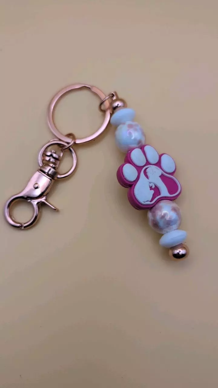Rose Gold & Iridescent Paw Print Keychain – Pink & White Focal thumbnail